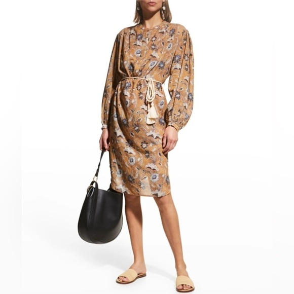 ULLA JOHNSON Agadir Floral Batiste Belted Coverup Midi Dress Brown Blue Sz M - Picture 16 of 16